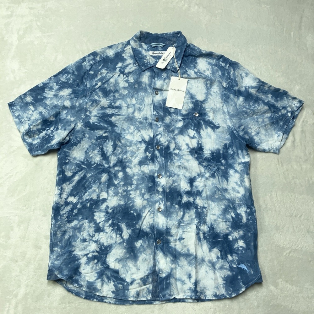 NWT Tommy Bahama Shirt Mens Large Blue Poolside Tye Dye Linen Blend Clouds‎ READ